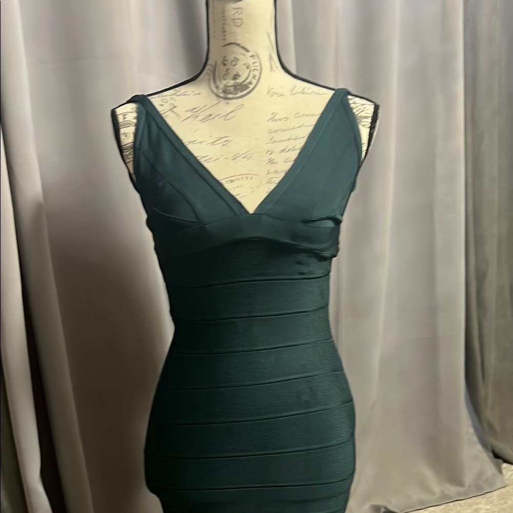 Herve Leger Green Ribbed Bodycon Midi Dress